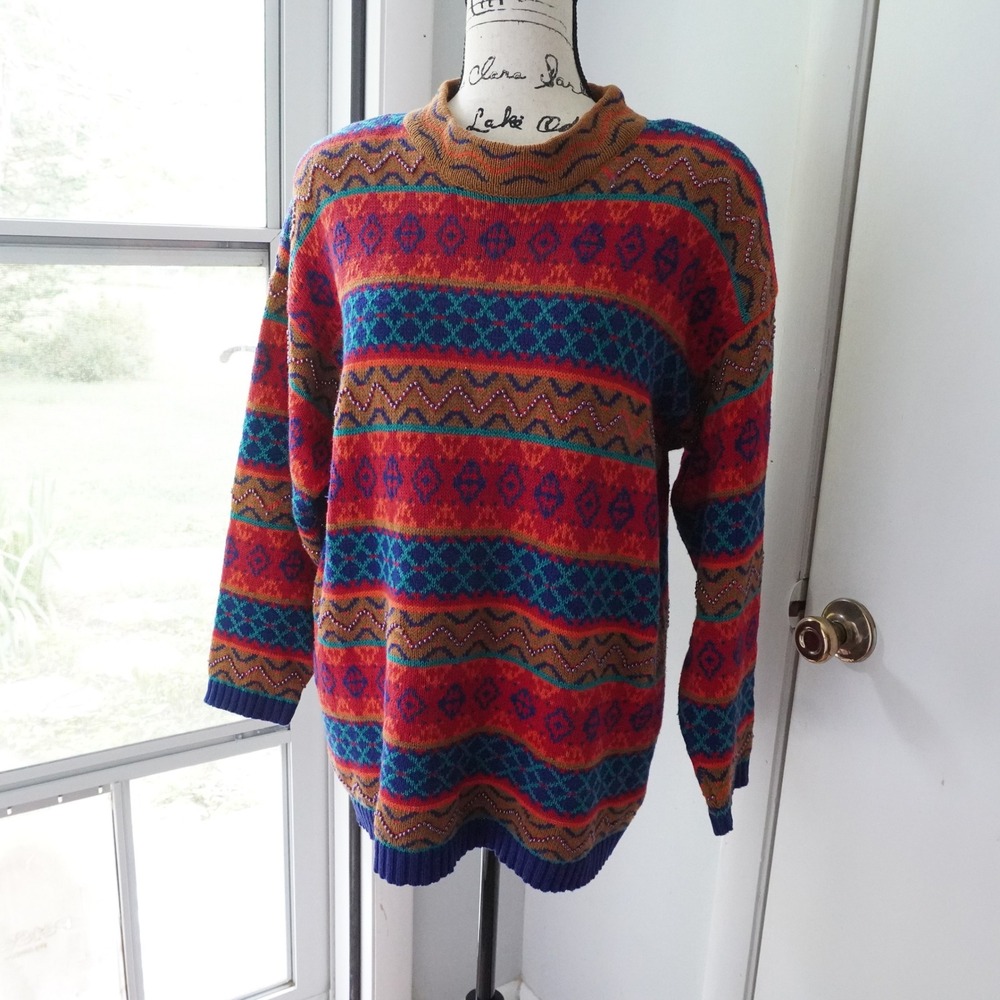 VTG Paul Harris Striped Knit Novelty Sweater Beaded Pullover Colorful Women Med